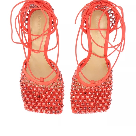 $2000 BOTTEGA VENETA STRETCH WEB CRYSTAL LACE UP SANDALS HEELS SHOES 38.5 - Picture 4 of 11